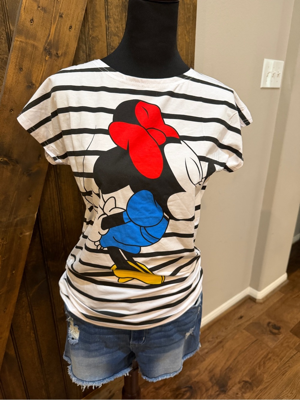 Striped Minnie Mouse Graphic Tee - White, Black, Red, Blue, Yellow